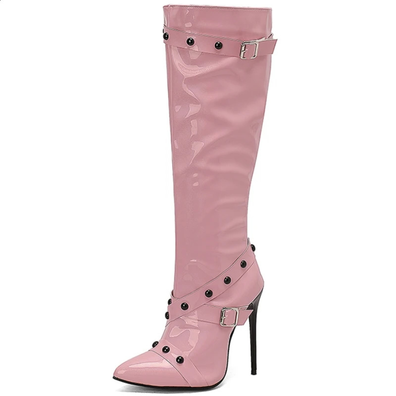 Womens knee high boots sexy toes autumn and winter shoes black and white high-heeled boots womens party dance shoes large size 45 240827