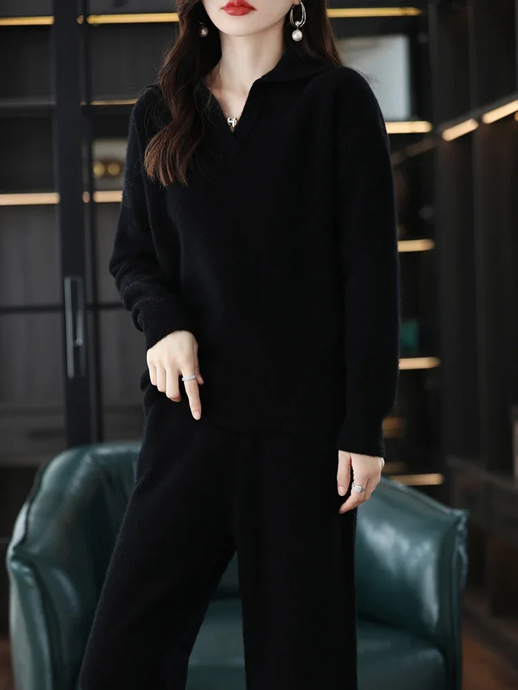 Cashmere Suit Female Lapel Korean Version of Senior Casual Sweater Wide-Leg Pants Wool Knitted Two-Piece Suit 240826