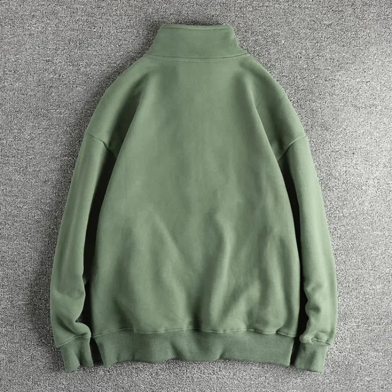 Heavy duty thick simple retro semi open collar hooded sweatshirt mens autumn and winter trend traction top 240826