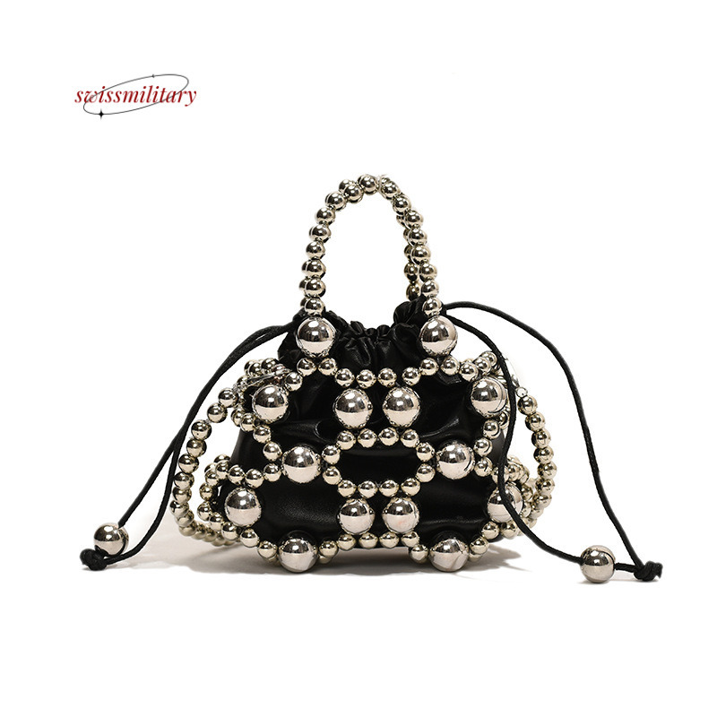 Swissmilitary Small high-end spherical hardware handbag with 2024 summer trend, featuring drawstring design and a stylish woven crossbody bag #22