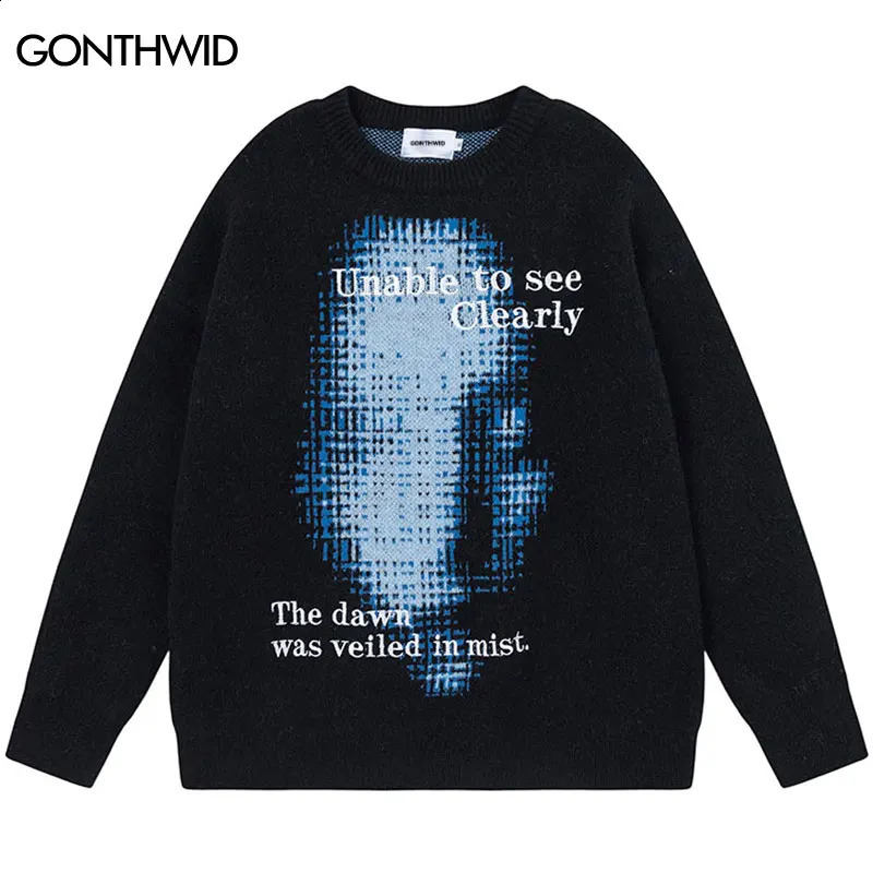 Mens Sweater Y2K Hip Hop Embroidered Knitted Graphic Punk Gothic Jumper Street Clothing Harajuku Bagged Long Sleeve Pullover 240826