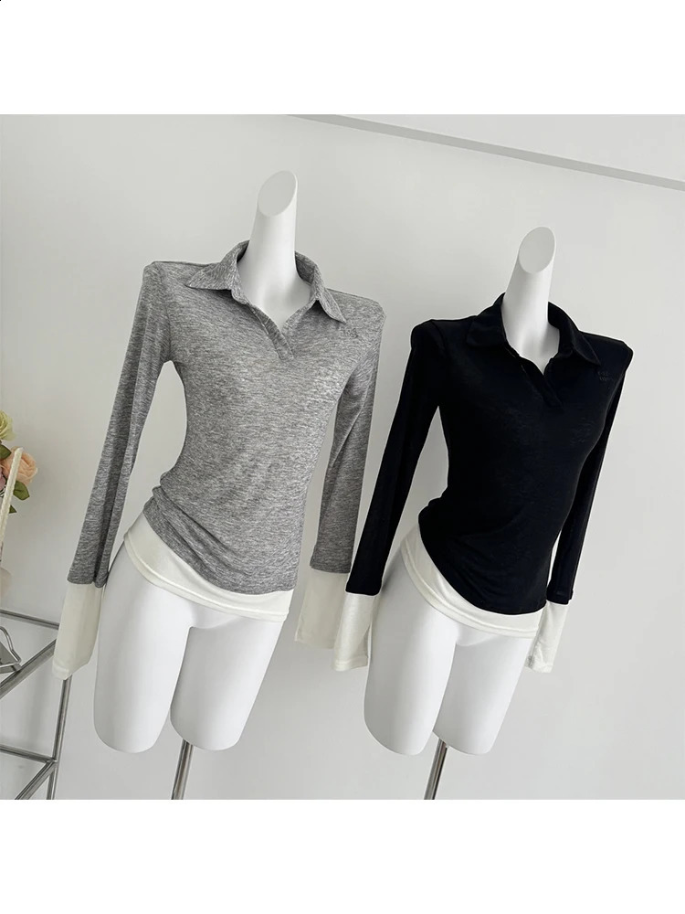 Autumn womens Harajuku fashion long sleeved T-shirt polo collar T-shirt crop top 2000s fashion Japanese Y2k fake two unique pieces 240827