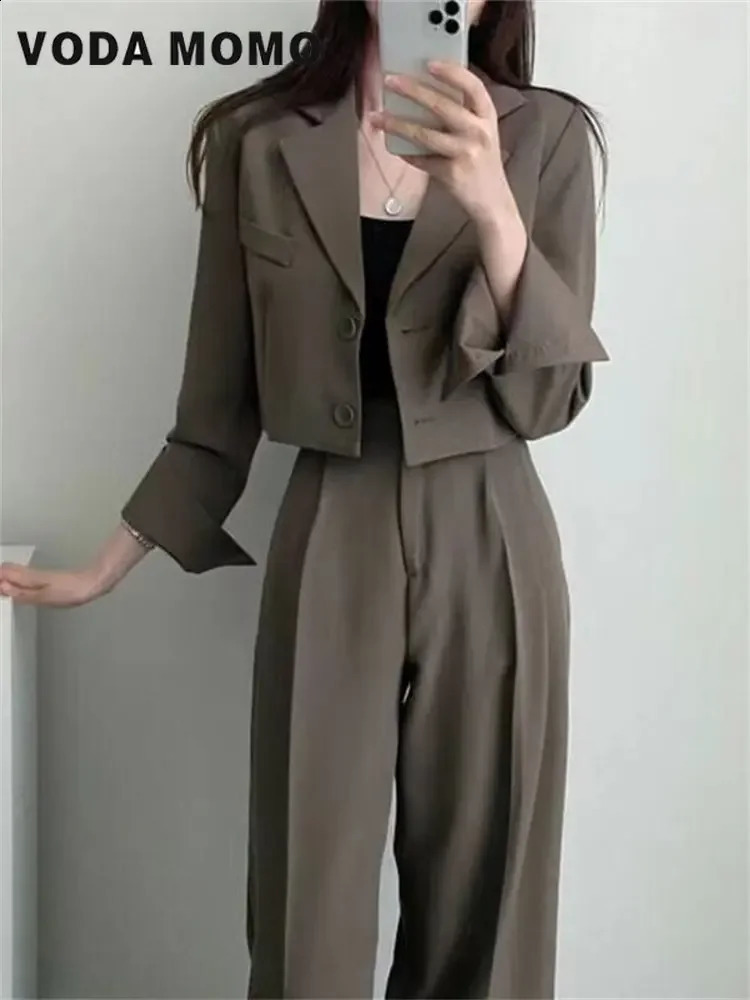 Spring Korean Casual Elegant Suits Blazer Jacket Wide Leg Trousers High Waist Pants Suits Female 2 Piece Sets Crop Top Coats 240826