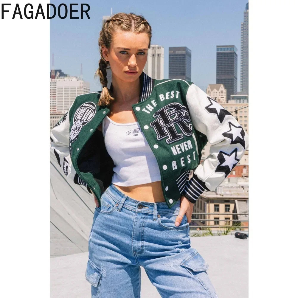 FAGADOER Autumn Casual Patchwork Letter Printing Baseball Jacket Women Button Long Sleeve Crop Top Female Slim Coats Clothing 240827