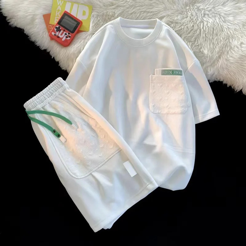 Summer Hong Kong Style Casual Fashion Set Thin Loose Breathable Short Sleeve Sports Shorts Set Two Piece Set 240827