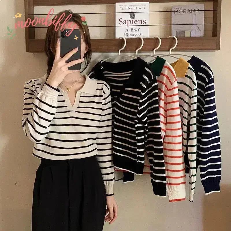 Striped V-neck pullover polo sweater for womens early autumn casual full matching top long sleeved knitted bottom sweater jumper 240827