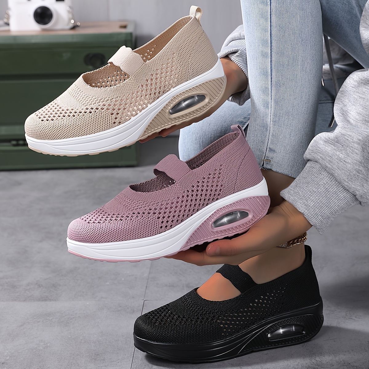 Comfortable Airy Knit Sneakers for Women - Soft, Breathable, and Lightweight Casual Shoes with Slip-On Design, Low Top Profile, and Superior Arch Supp