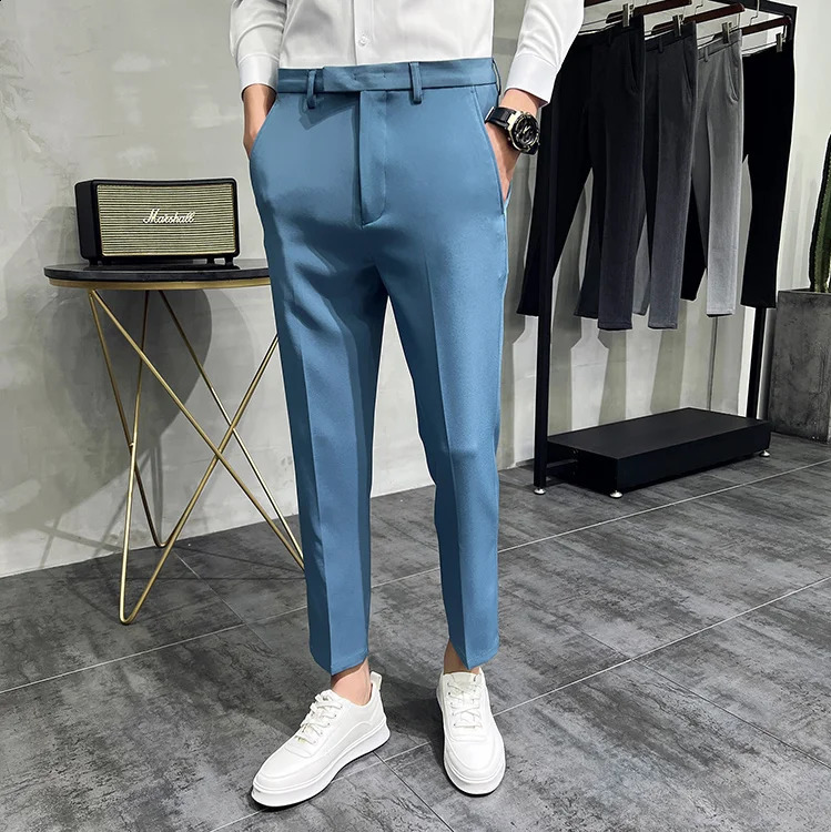 Summer Fashion Mens Dark Green Suit Pants Pure Color Business Occupation Slim Fit Dress Office Ankle Trousers 240827