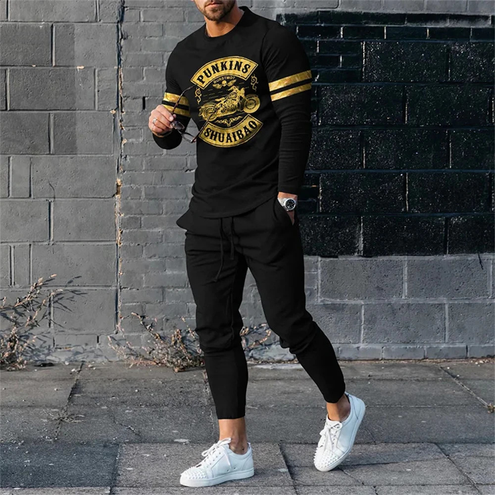 Autumn retro ethnic style 3D printed mens sportswear set long sleeved T-shirt pants 2-piece set oversized floral mens clothing 240827