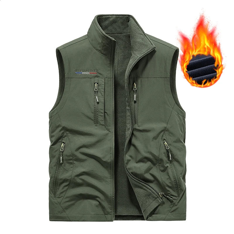 Winter Mens Multi-pocket Vests Casual Outdoor Fleece Fishing Vest for Men Warm Pographic Tooling Sleeveless Jackets Clothing 240826