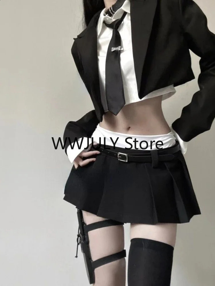 Vintage 3 Piece Set Skirt Woman Black Short Blazers Casual Shirt Slim Mini Skirt Party Korean Fashion Suit Female Chic 240826