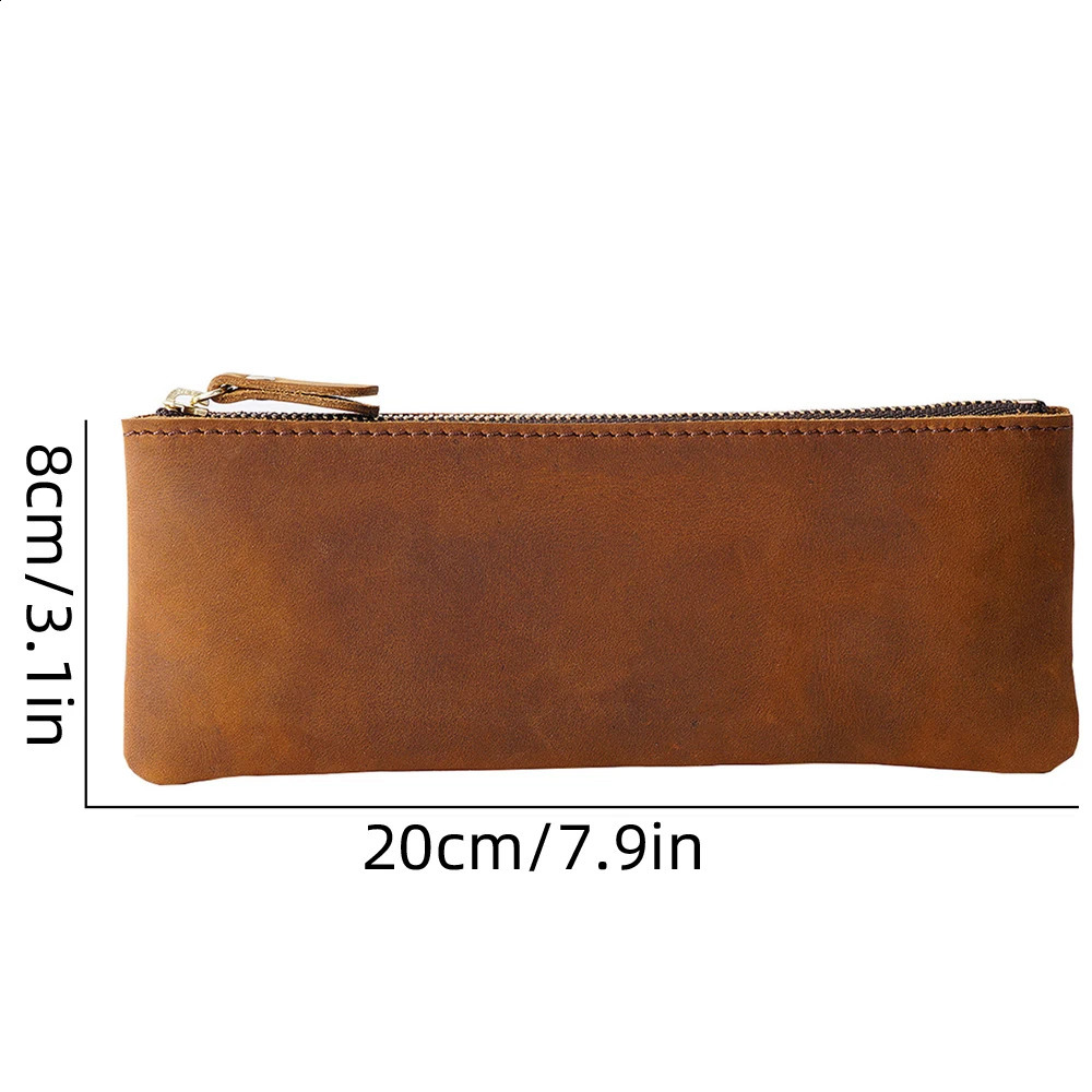 Vintage Genuine Leather Zippered Pencil Case Cowhide Stationery Organizer Pen Holder Writing Utensil Pouch Travel Accessory Bag 240826