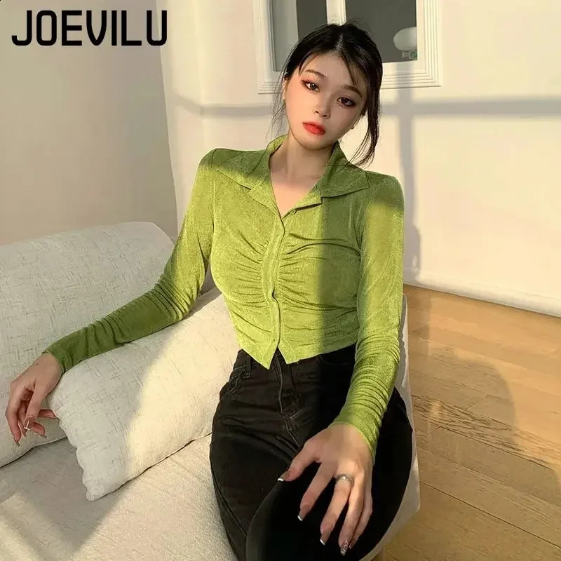 Polo neck pleated crop shirt pleated single chest long sleeved T-shirt for women Korean fashion slim fit top sexy casual Y2K shirt 240827