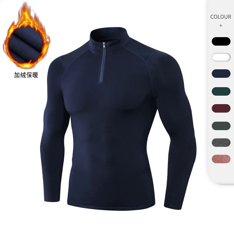 Mens autumn and winter velvet fitness suit Tshirt tight fitting exercise running long sleeved warm stand up hooded sweatshirt 240827