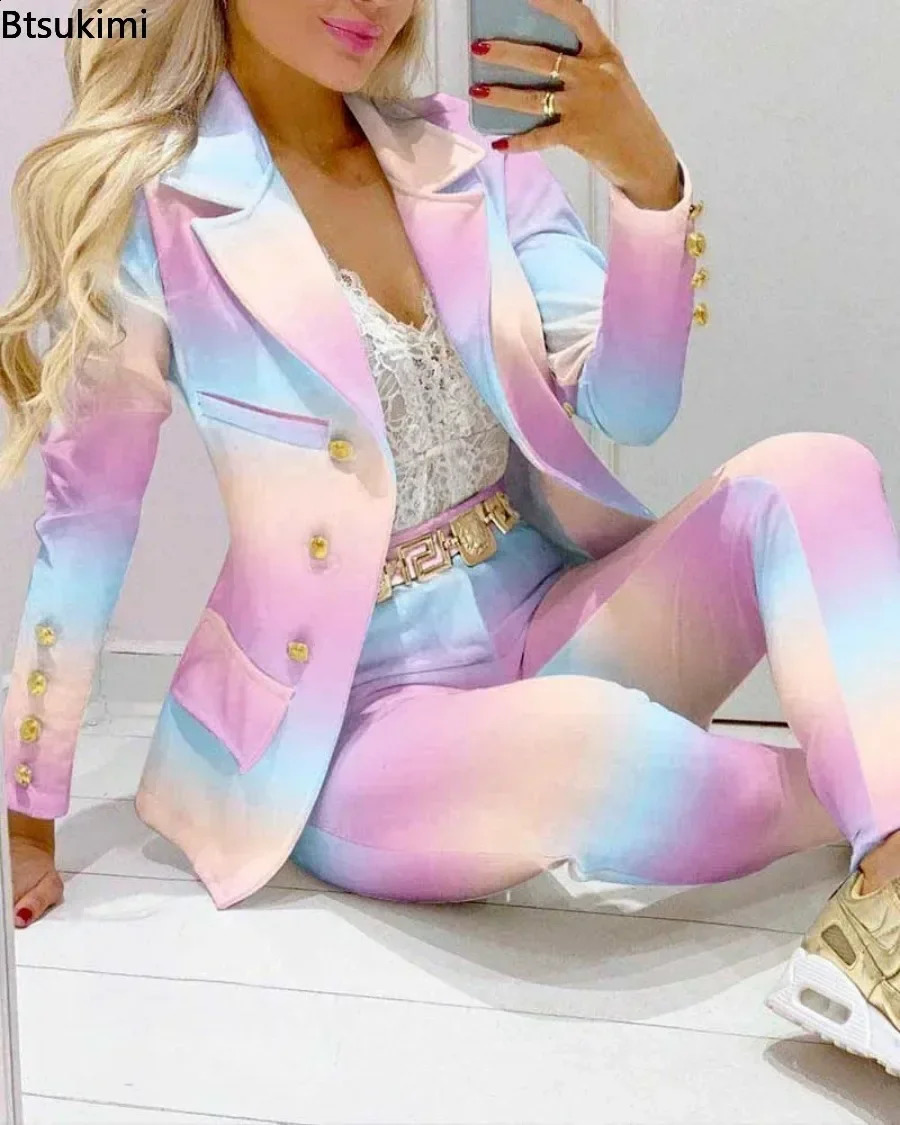 Printted Two Pieces Sets for Women Slim Formal Office Pant Suits Elegant Jacket and Pants Sets Women Tracksuits 2PCS 240826