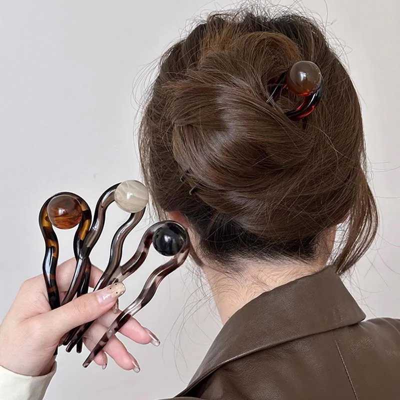 New Chinese style acetic acid U-shaped hair stick womens retro resin ball head flat bottom hair clip W240816