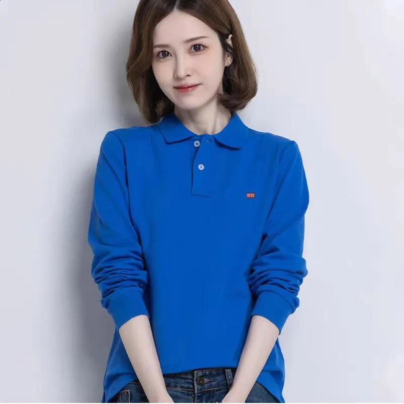 High quality spring and summer womens polo shirt long sleeved casual cotton womens T-shirt fashionable slim fit womens top 240827