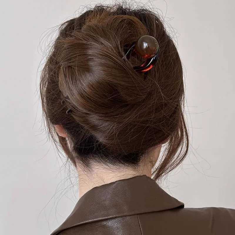 New Chinese style acetic acid U-shaped hair stick womens retro resin ball head flat bottom hair clip W240816