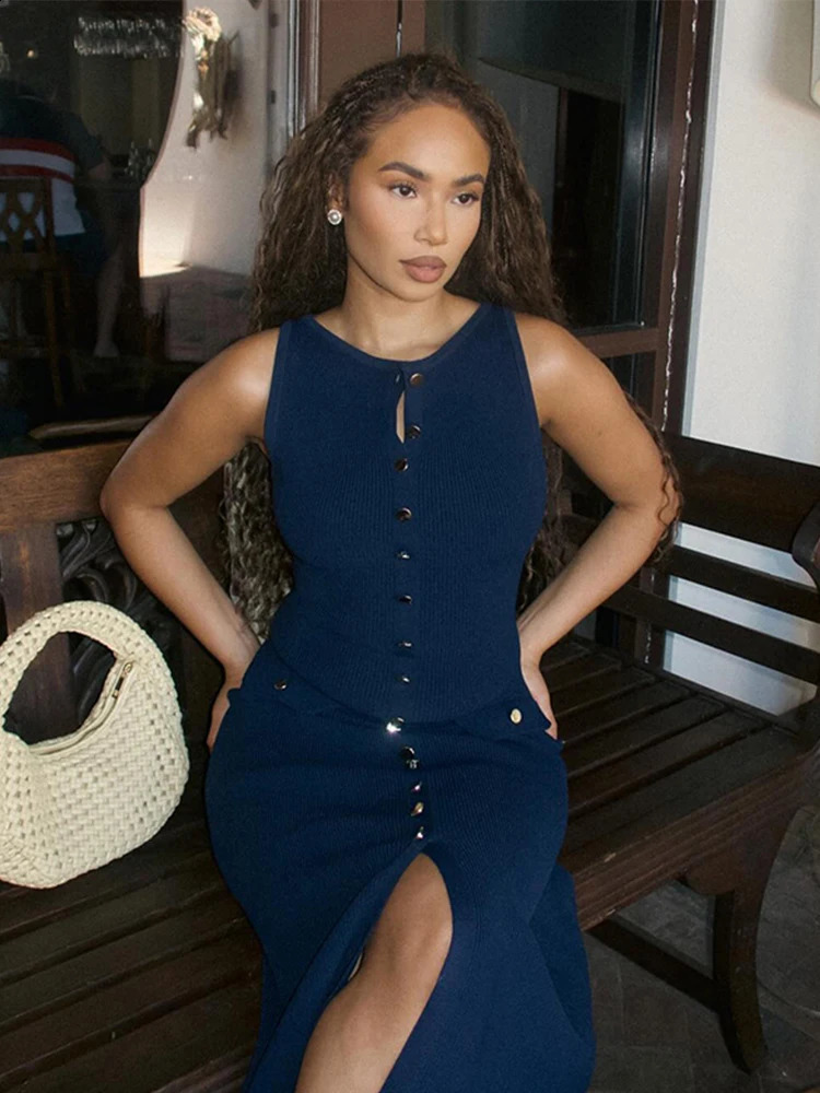 Fashionable Knitted Long Dress for Women Unique Compon Sleeveless Single Chest ONeck Hip Set Womens Summer Robe 240826