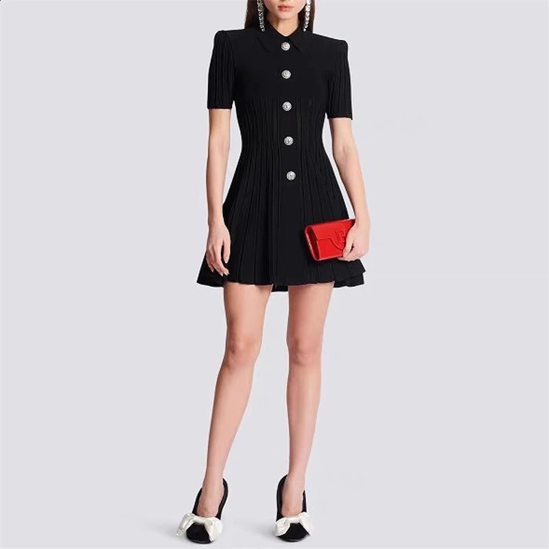 Summer Womens Collar Beaded Button Short Sleeve jumpsuit Y2K High Quality Fashion Retro Aline Knitted Bandage Skirt 240826