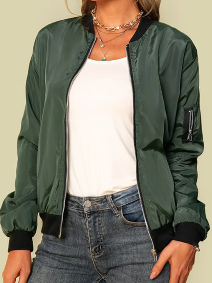 Solid color womens zipper pocket thin jacket elegant office long sleeved womens slim fit jacket autumn standing collar womens jacket 240827