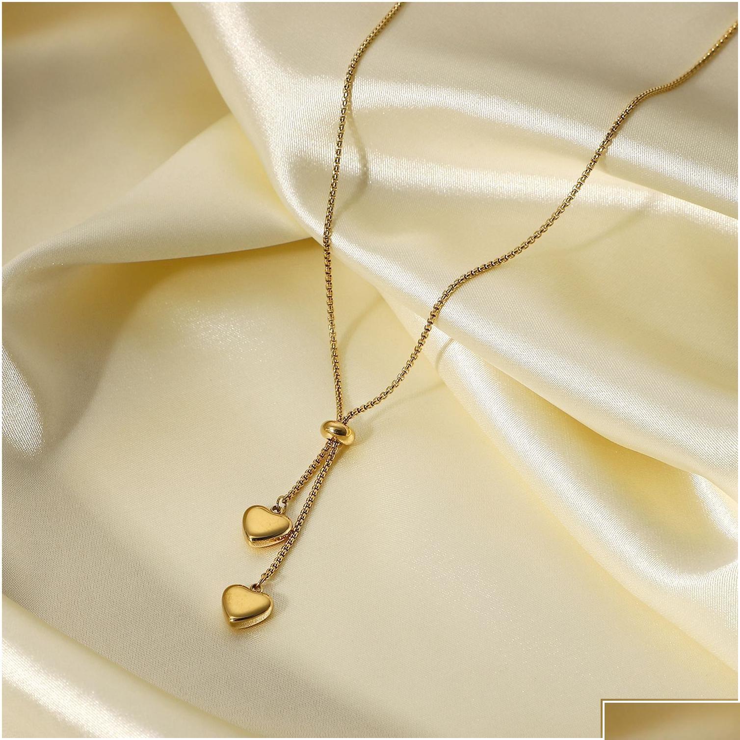Designer Titanium Steel Pendant Necklace: Gold Plated Y-Shaped Rope Chain, Double Love Drop, Perfect for Women 4