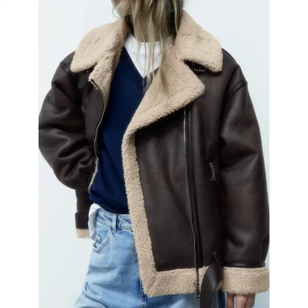 2024 Autumn Womens Fashion Thick and Warm Imitation Sheep Shearling Coat Retro Long Sleeve Bunched Waist hem Womens Coat 240827