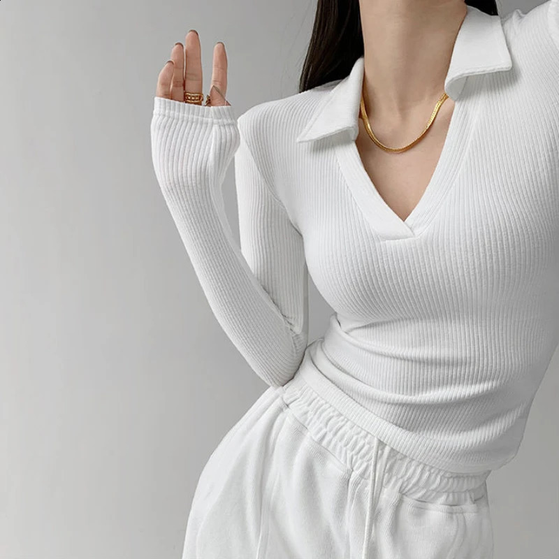 Sexy V-neck ultra-thin fitness womens T-shirt fashionable long sleeved polo shirt womens high waisted cut top 240827