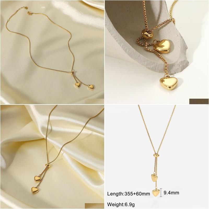 Designer Titanium Steel Pendant Necklace: Gold Plated Y-Shaped Rope Chain, Double Love Drop, Perfect for Women 4