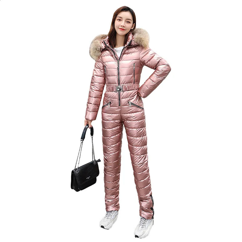 One piece ski suit womens jacket winter hooded Parka jumpsuit cotton bodysuit waist belt zipper 240826