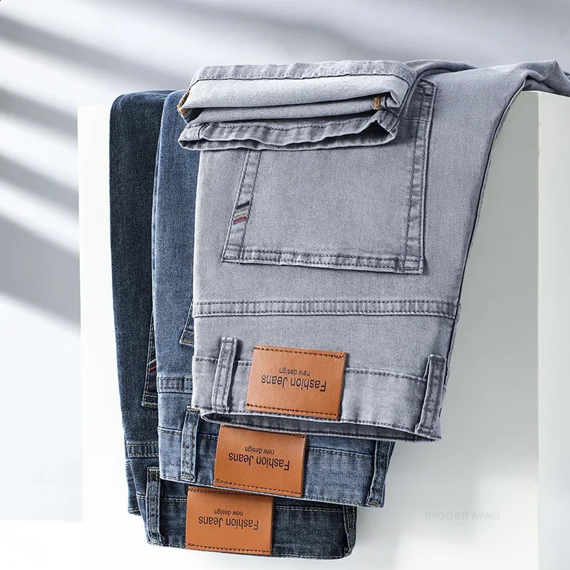 Summer Thin Mens Elastic Cotton Jeans Fashion Gray Comfortable Business Straight Casual Pants Male Clothes Trousers 240826