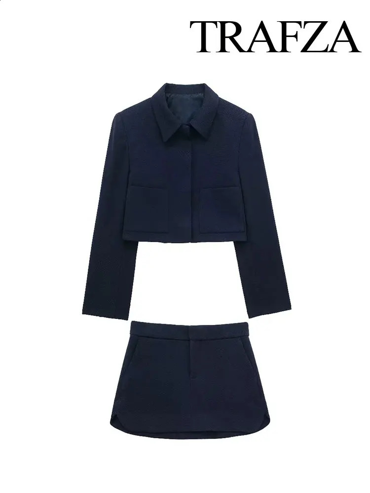 TRAFZA Spring Elegant Womens Short Satin Blazer Suit Zipper High Waist Womens Casual A-Line Loose Pleated Skirt 2-piece Set 240826