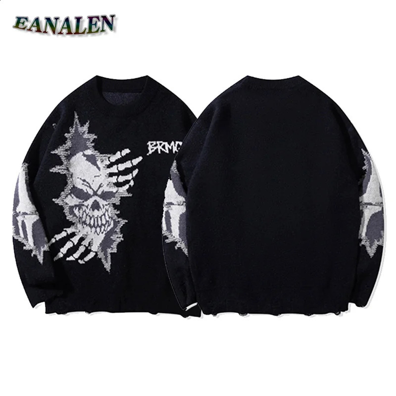 Harajuku retro skull sweater mens winter casual oversized black devil rock skydiving knitted latte grandpa ugly womens 240826
