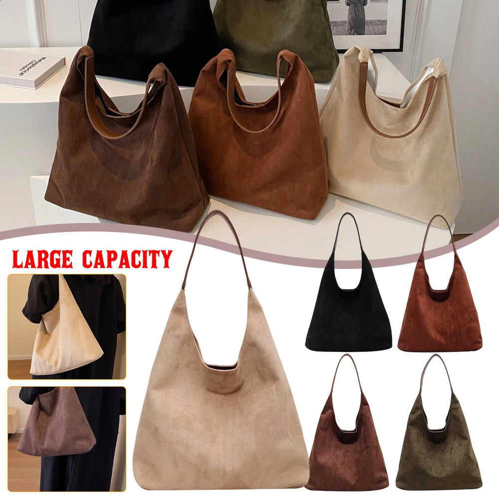 Women Suede Shoulder Bag Simple Tote Handbag Large Capacity Stylish Commuting Solid Color Vintage Hobo Top Handle 240826Z