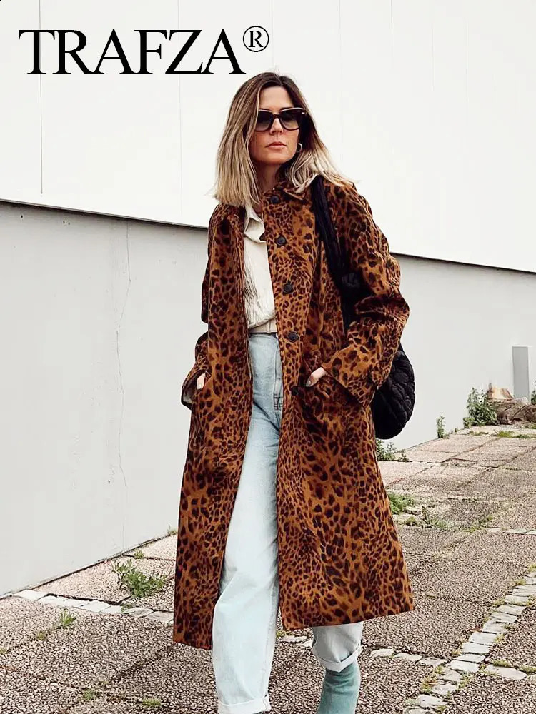 TRAFZA Womens Fashion Leopard Pattern Trench Coat Retro Long Sleeve Single Chest Jacket Street Clothing TRAF 240826