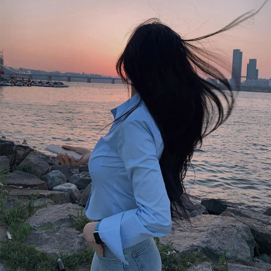 Womens formal blue top button up womens shirt and long sleeved work clothes white office clothes cool Y2k M S Xl 240827