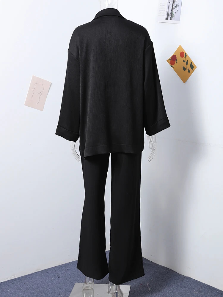 Casual Wrinkled Blazer Coat Pants Set Women Solid Loose Long Sleeve Double Breasted Top Wide Leg Trousers Lady Elegant Suit 240826