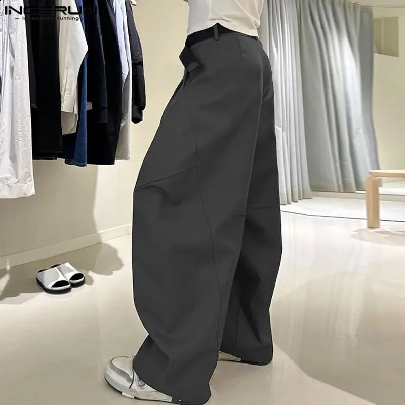 Mens Solid Color Button Jogger Loose Wrinkle Street Clothing Wide Leg Fashion Casual Pants S5XL INCERUN 240827