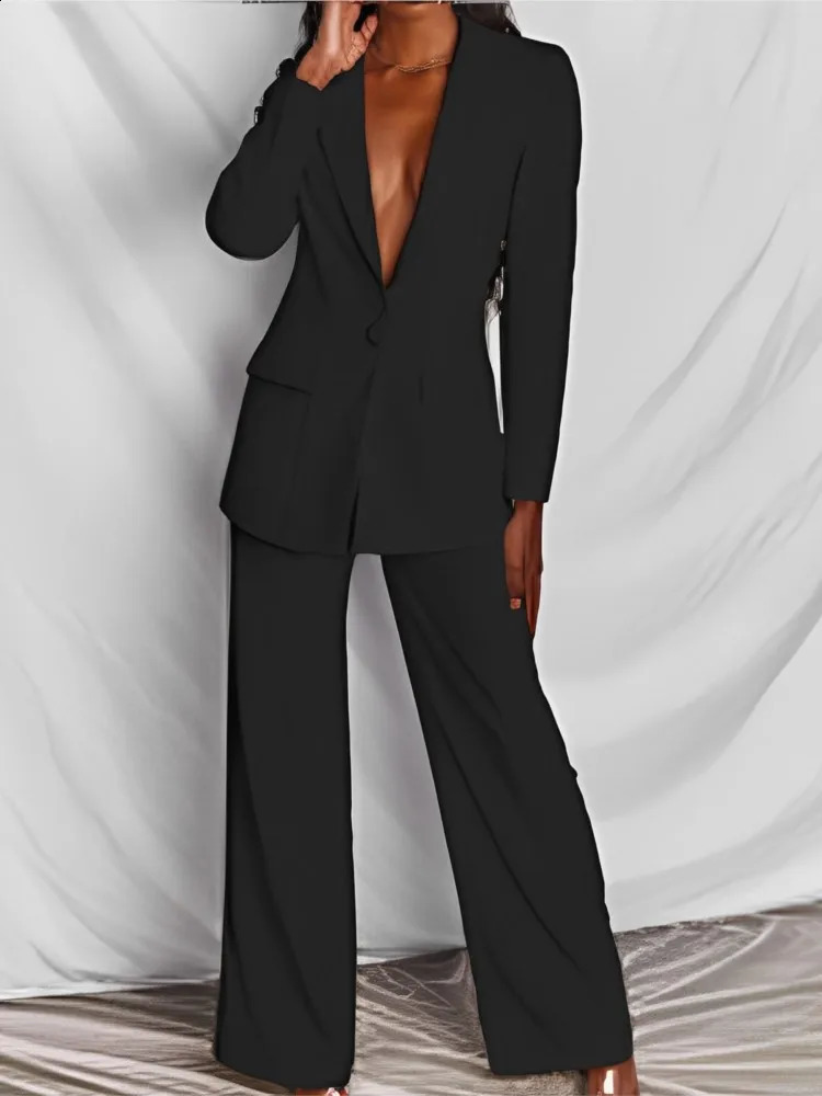 Autumn Winter Solid Color For Womens Blazer Stylish Suit Slim Straight Trousers Fashion Female Office Blazer 2 Piece Set 240826