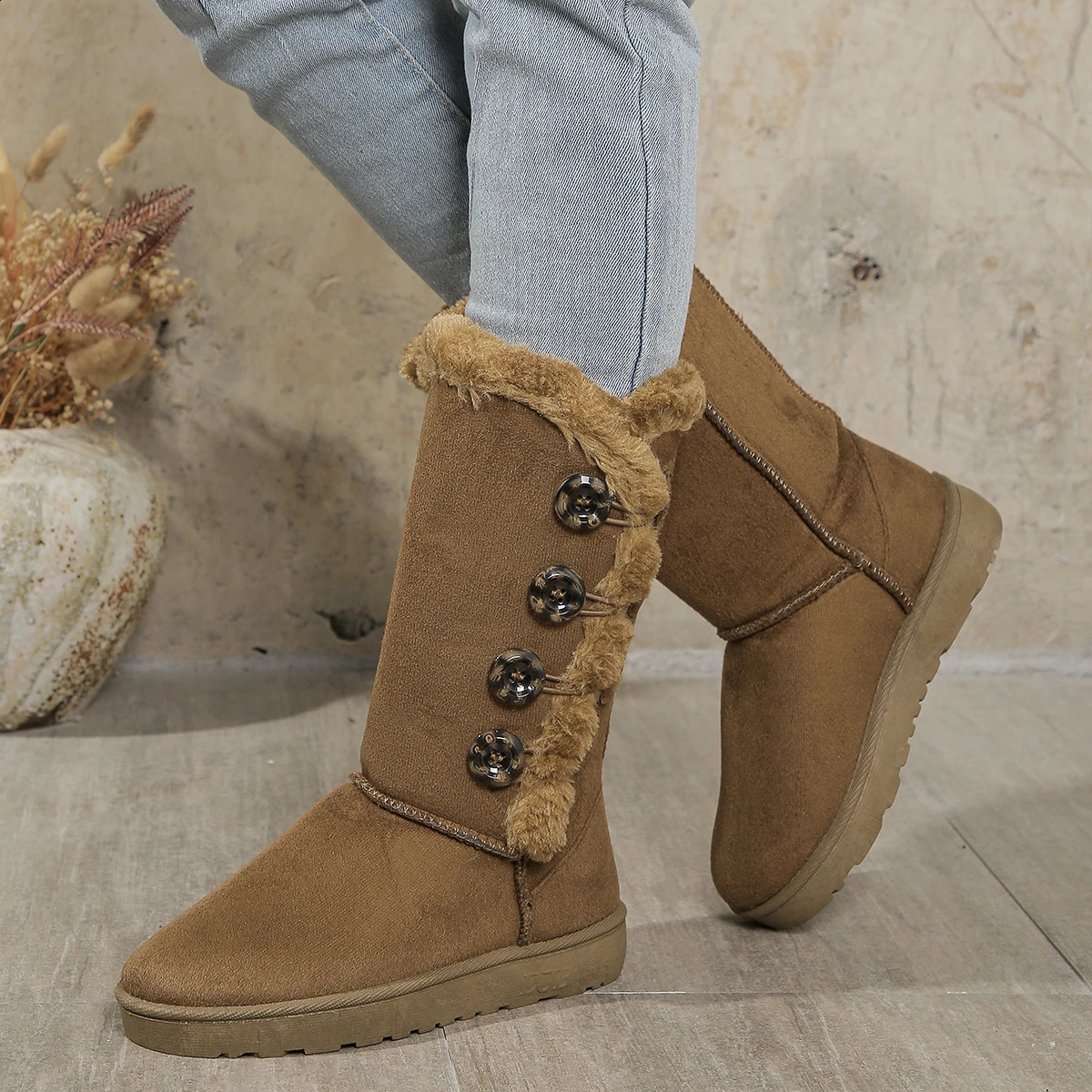 Womens Faux Suede Fur Long Boots Autumn Waterproof Non-slip Mid Calf Boots Casual Comfort Platform Ladies Plush Shoes Botas 240830