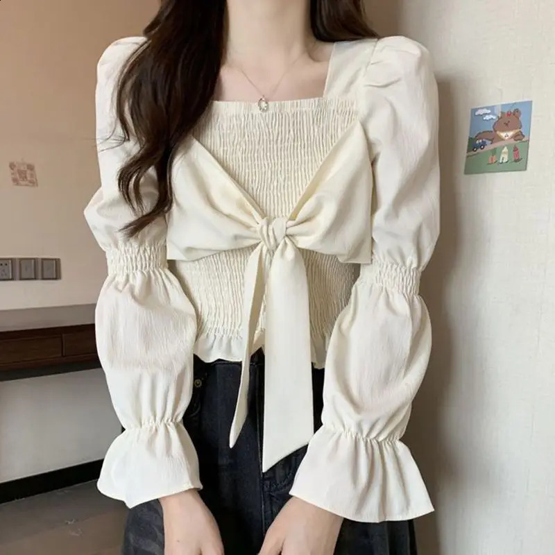 Spring Sweet Bow Patchwork Pleated Shirt Tops Long Sleeve Solid Color Slim Short Blouse Fashion Elegant Women Clothing 240827