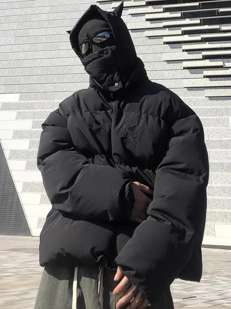Womens Devil Horn Inflatable Jacket Winter Warm Quilted Coat Long Sleeve Zipper Coat with Hoodie Windproof and Warm Chiffon Coat 240827