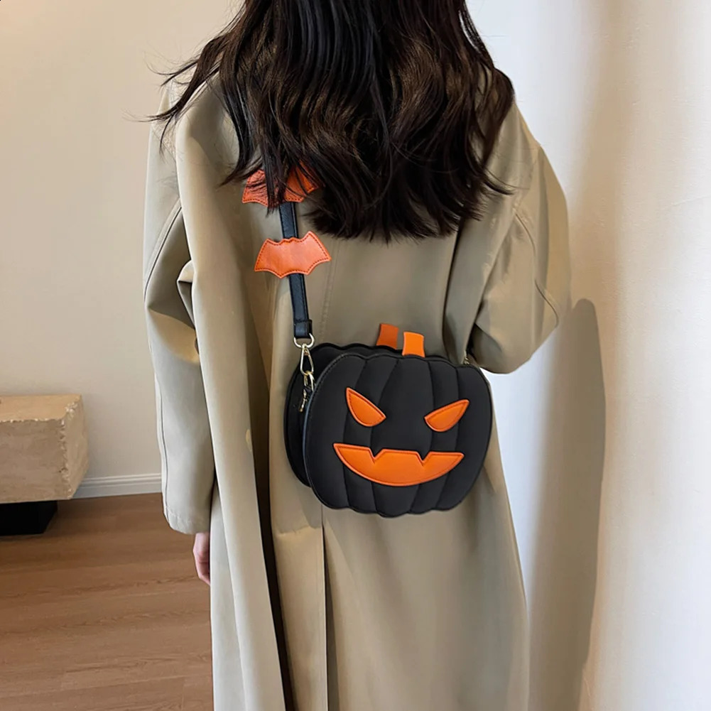 Womens pumpkin wallet PU leather demon messenger bag with zipper adjustable shoulder strap Halloween funny 240827