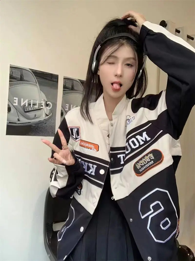 Womens Casual Short Jacket with Zippers Retro Loose Baseball Jacket for Autumn Detachable Moto Coat Embroidered Letters 240827