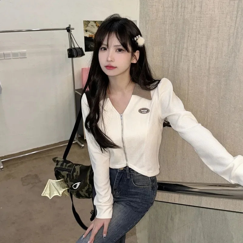 Irregular Top Womens Autumn Polo T-shirt Y2k Korean Fashion Long Sleeve T-shirt Patch Work T-shirt Womens Zipper T-shirt 240827