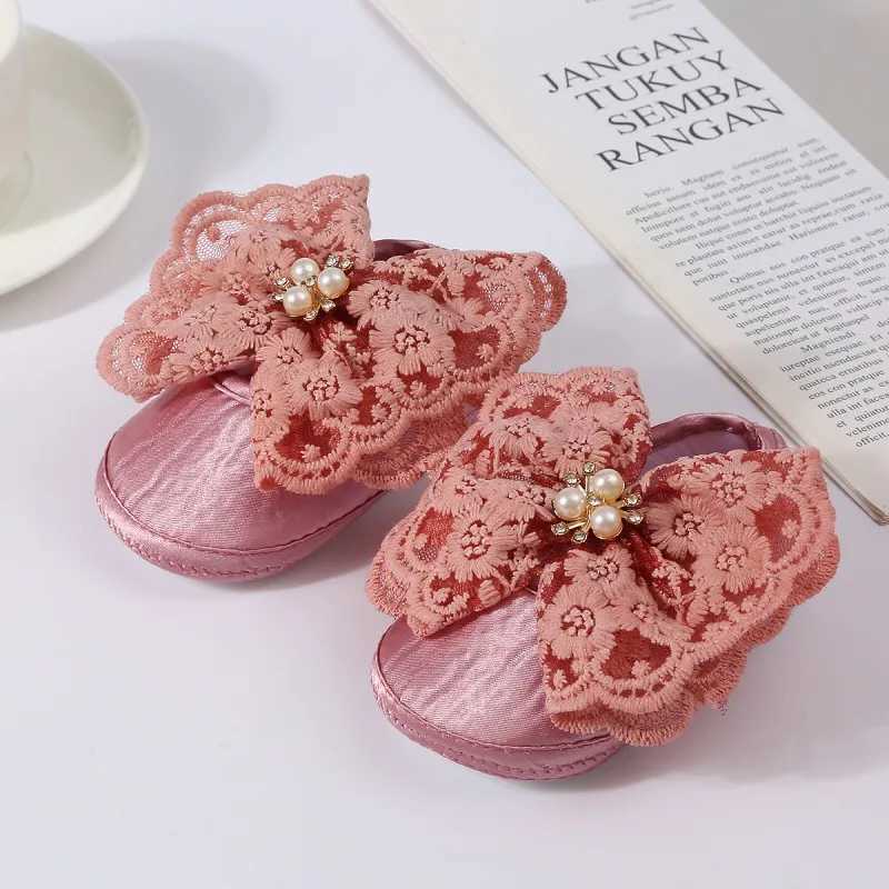 Baby girl flat shoes soft sole hollow bow tie pearl decoration anti slip first mover indoor outdoor toddler walking shoes M240827
