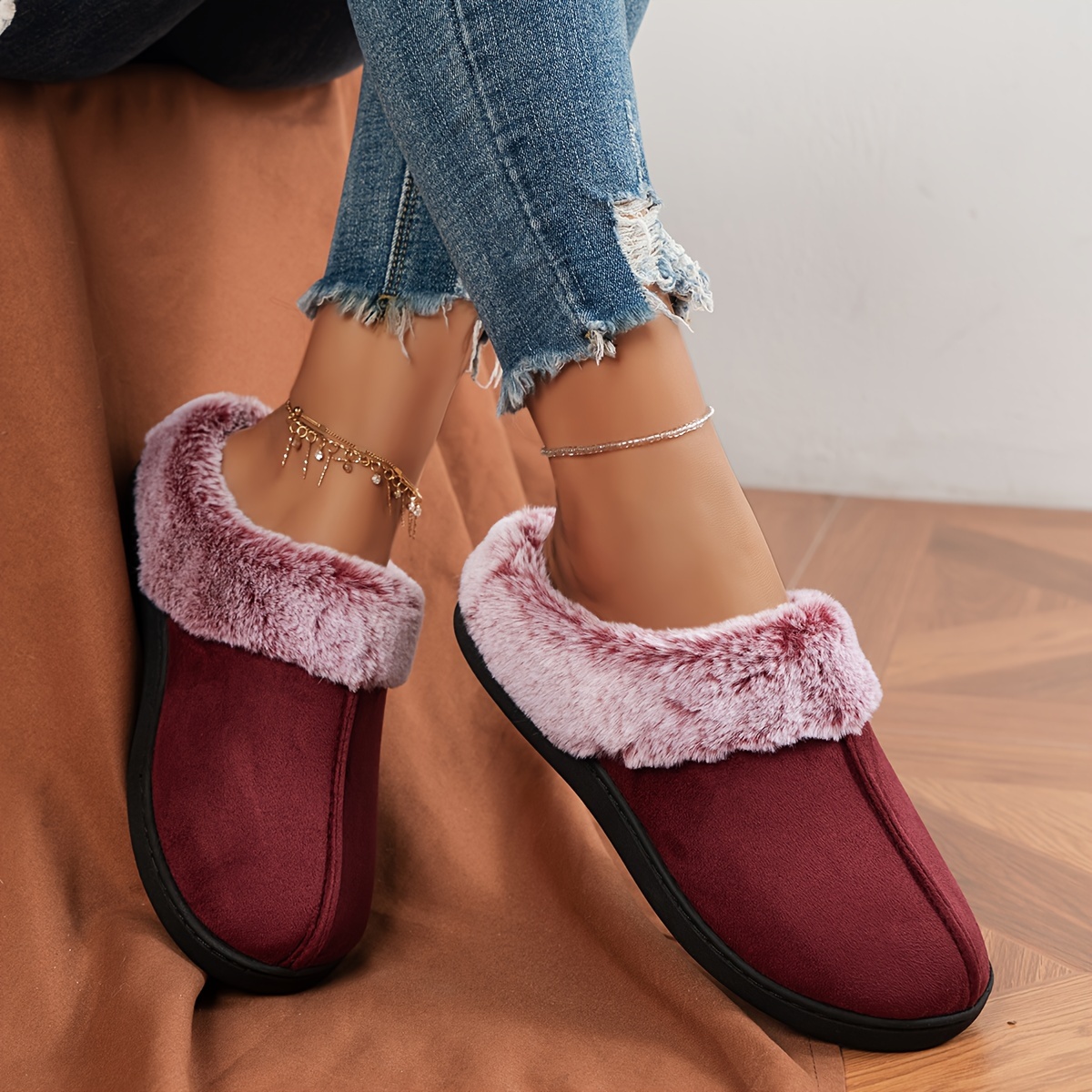 Fluffy Solid Color Cozy Slippers, Soft Sole Flat Closed Toe Plush Lined Shoes, Winter Non-slip Home Warm Shoes