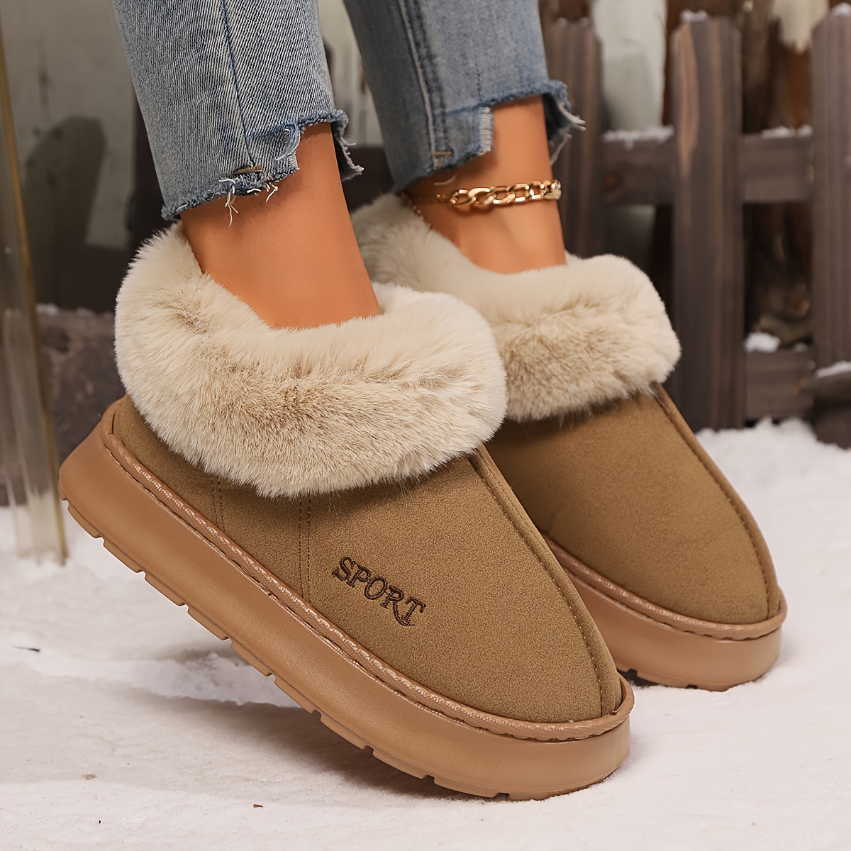 Women's Solid Color Fluffy Slippers, Soft Sole Platform Plush Lined Warm Shoes, Non-slip Floor Mute Shoes Snow boots