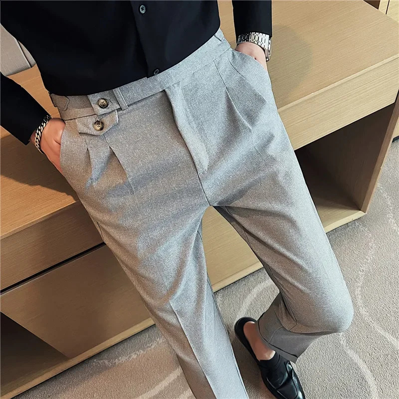 British Style Men High Waist Dress Pants Autumn Solid Color Casual Trousers Slim Fit Formal Suit Pants Fashion Men Clothing 240827