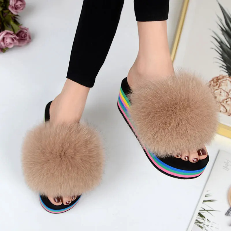 Fox Fur Slide Womens Fur House Fur Slide Plush Summer Rainbow High Heels Sweet Sandals 240827